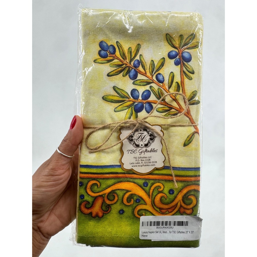 TSC Giftables Mediterranean Olive Branch dish towel Set 4 Yellow Green 20x20 New
